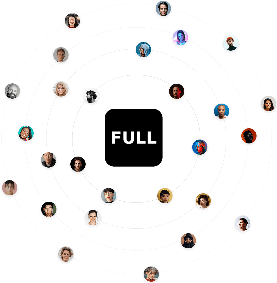 Diverse faces arranged in concentric circles around the word FULL on a black background.
