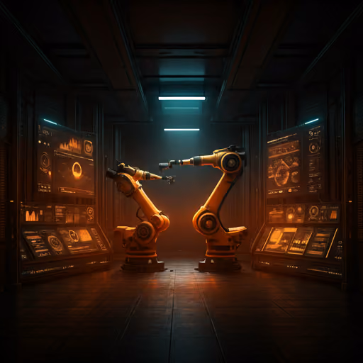 Industrial robot arms operating inside a dark robotics data laboratory