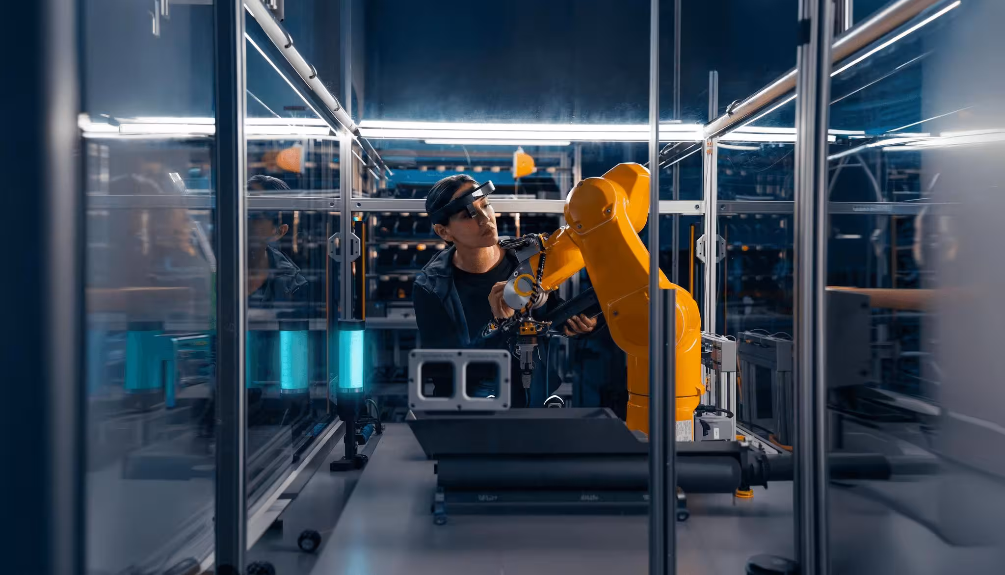 Technician adjusts a yellow robotic arm inside a glass-enclosed industrial workspace.