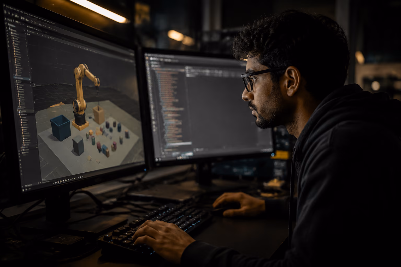 Robotics engineer at a dark workstation building a simulation environment