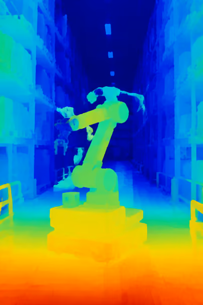 Depth map render of a simulated warehouse robot scene