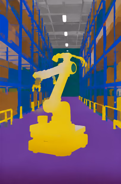 Semantic segmentation render of a simulated warehouse robot scene