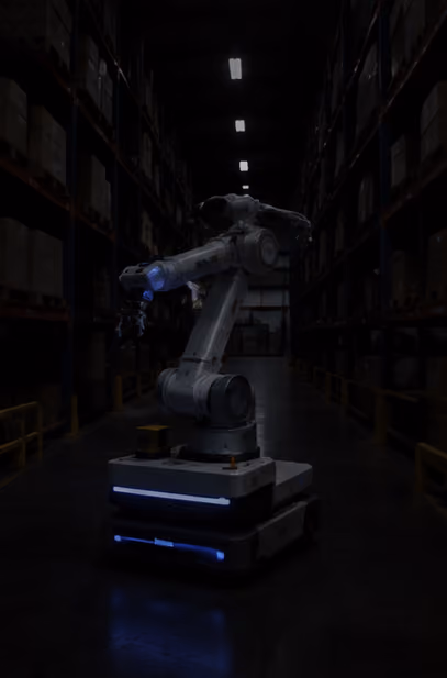 Low light variation render of a simulated warehouse robot scene