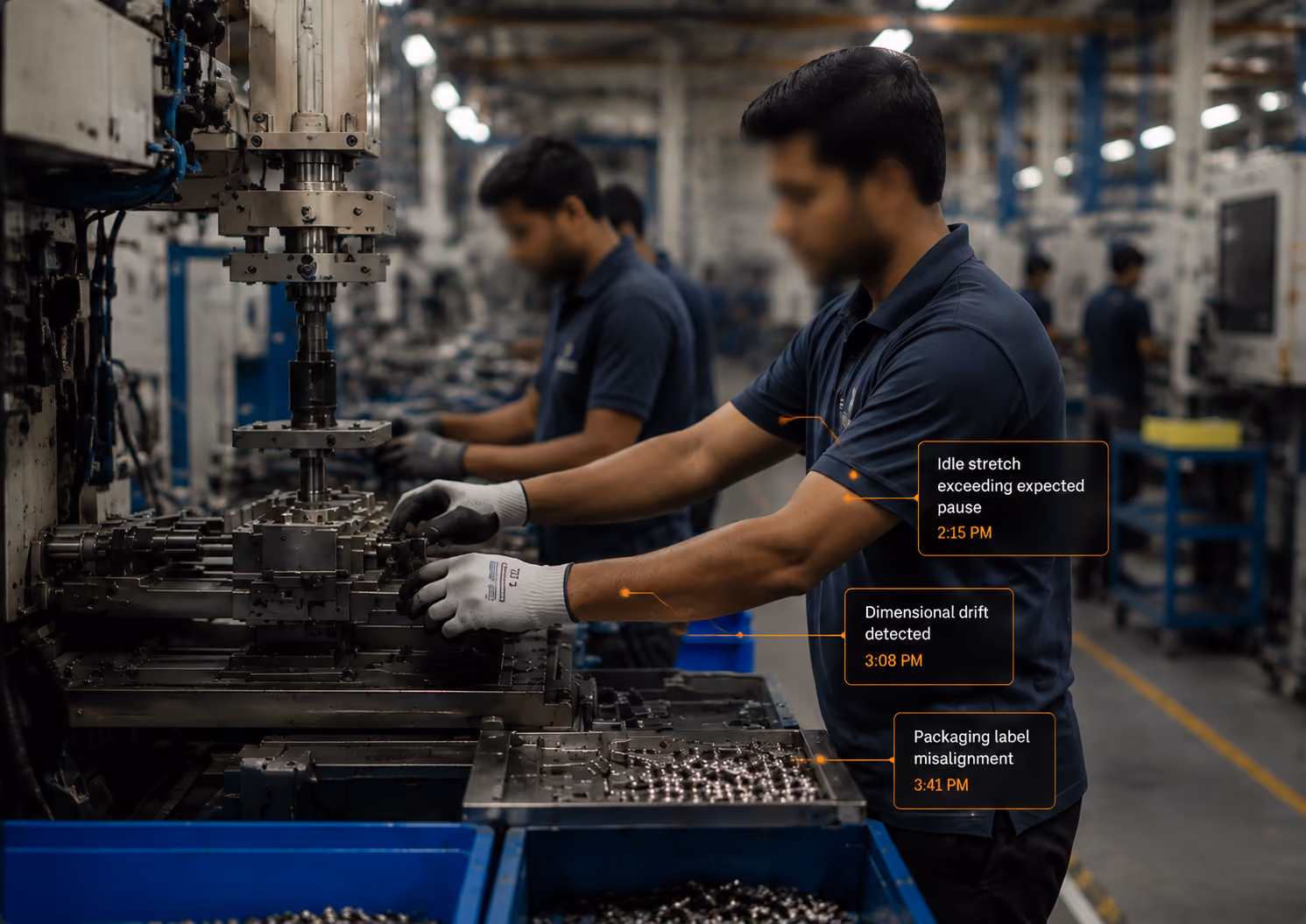 Workers in gloves operating machinery in a factory with labels indicating errors and timestamps.