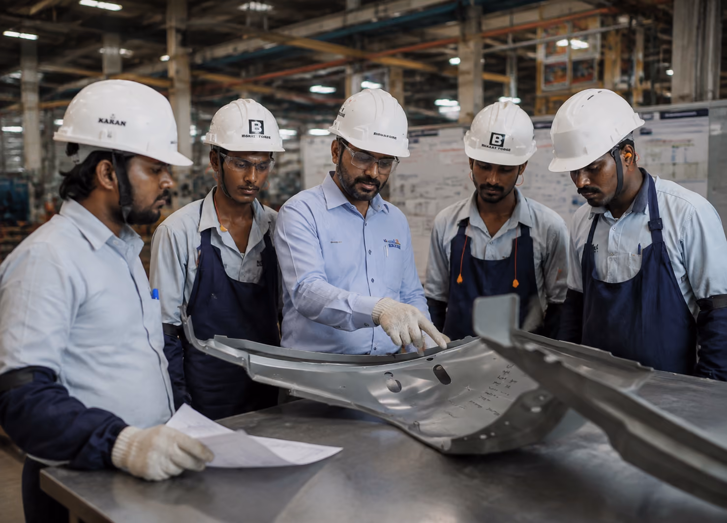 Two engineers in safety gear examining a metal part near a robotic arm in a factory