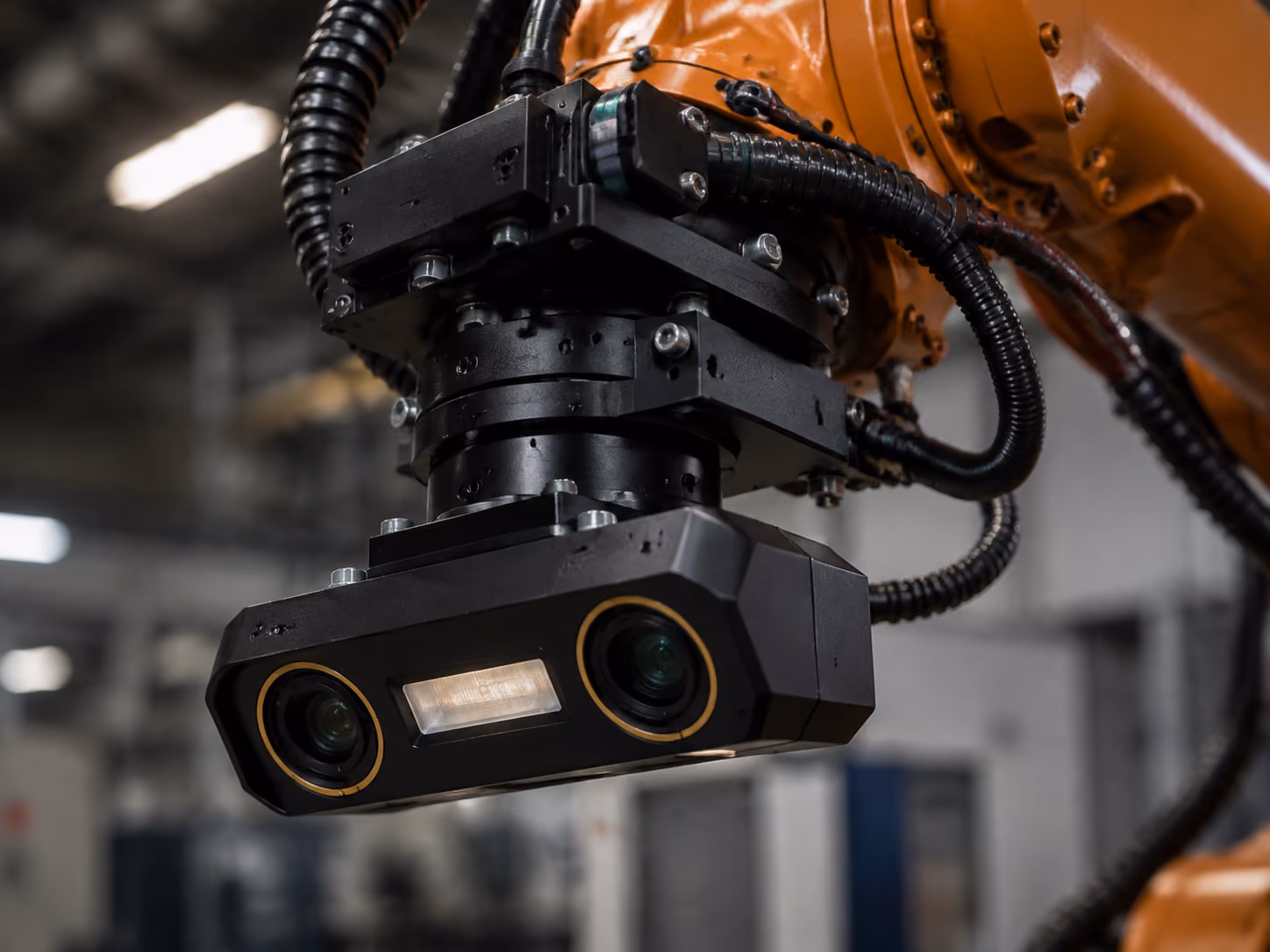 KUKA robotic arm fitted with a dual-lens perception head. Replace with your own capture rig photo.