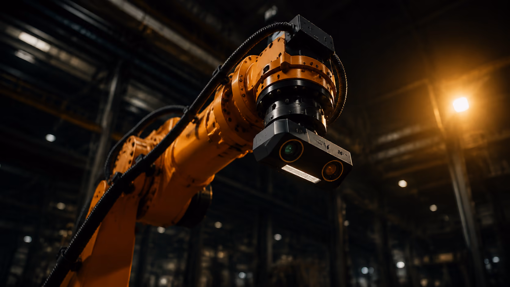 Engineers in safety gear examining hardware near a robotic arm on a factory floor. Replace with your own image.