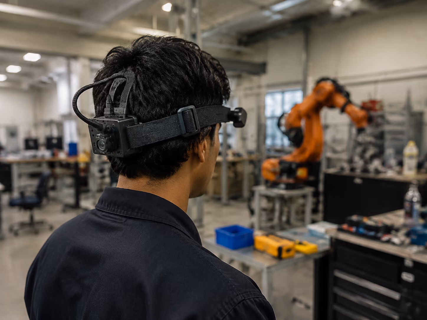 Operator wearing an egocentric capture rig in a robotics laboratory. Replace with your own image.