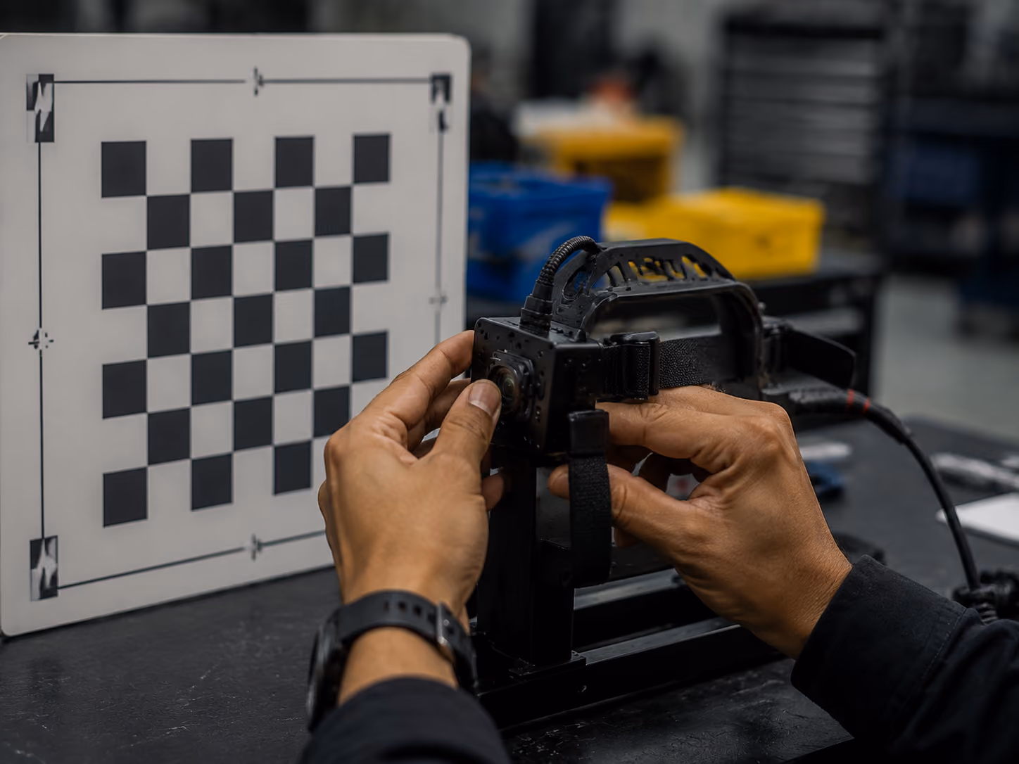 Two engineers in safety gear examining a metal part held by one near a robotic arm in a factory. Replace with your own image.