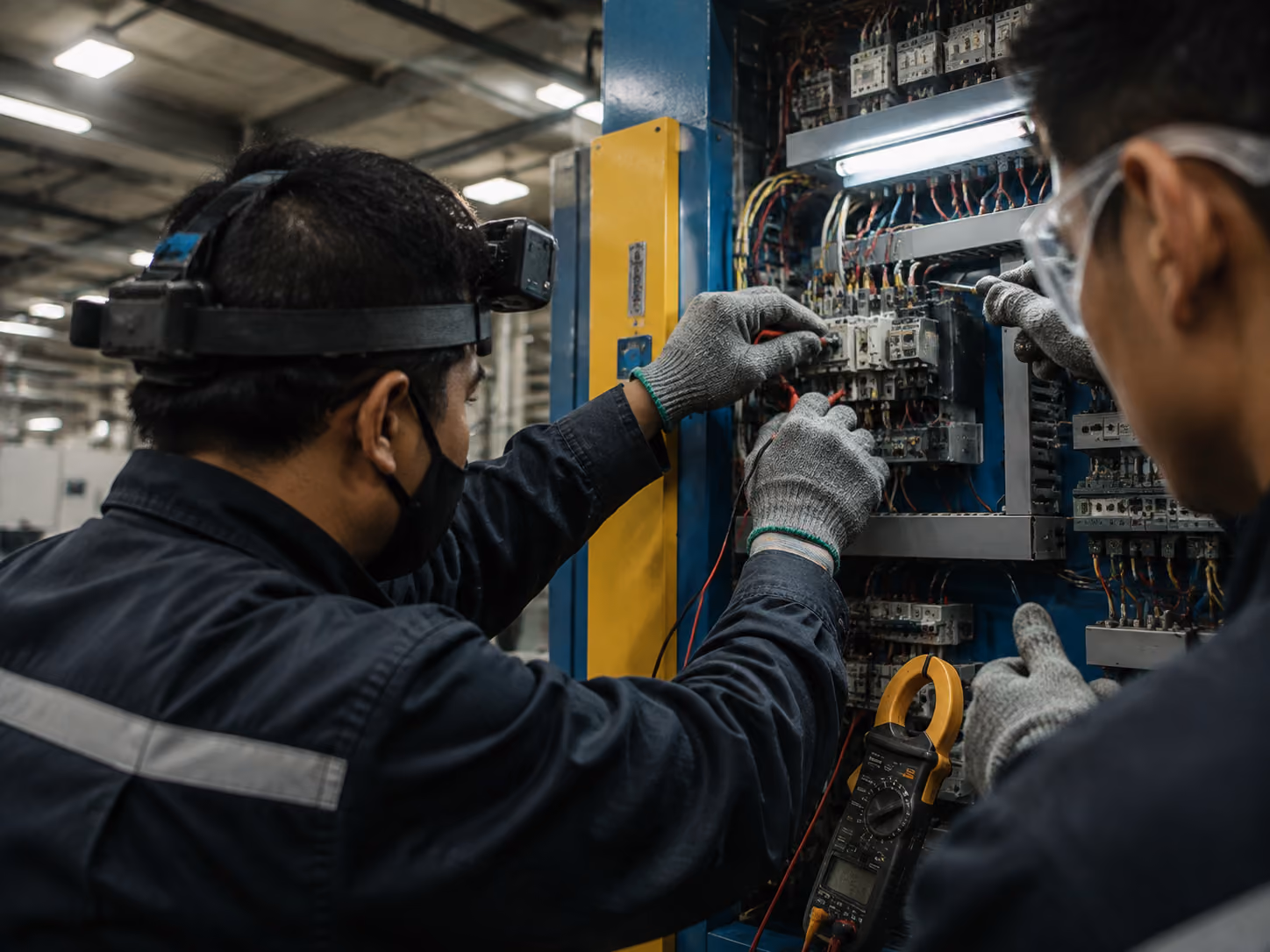 Two people wearing gloves working on a blue and yellow electrical panel with a camera mounted on one person's head. Replace with your own image.