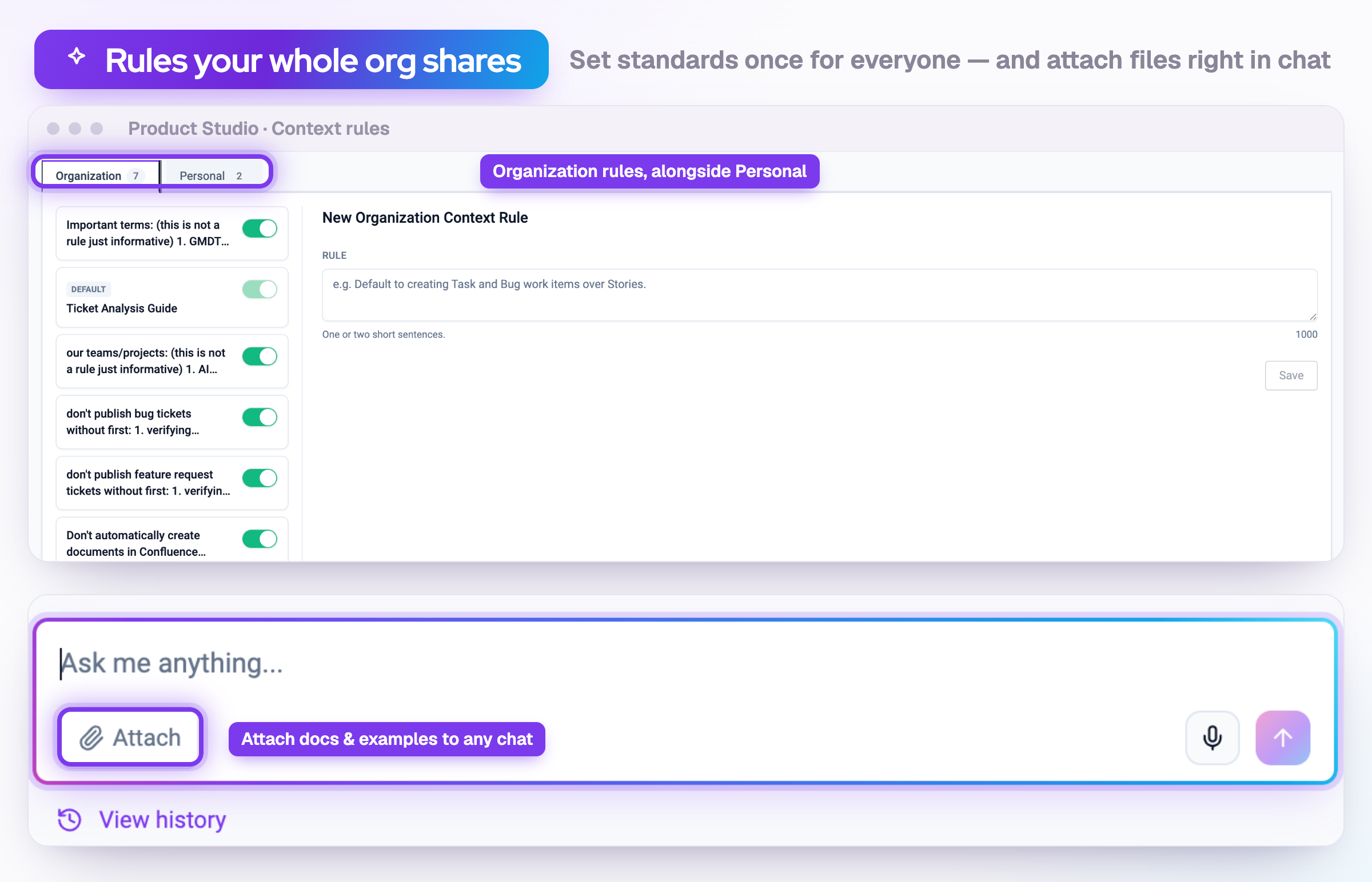 Product Studio Context rules screen with Organization and Personal tabs, seven org rules toggled on including the default Ticket Analysis Guide, and an Attach button on the chat input.