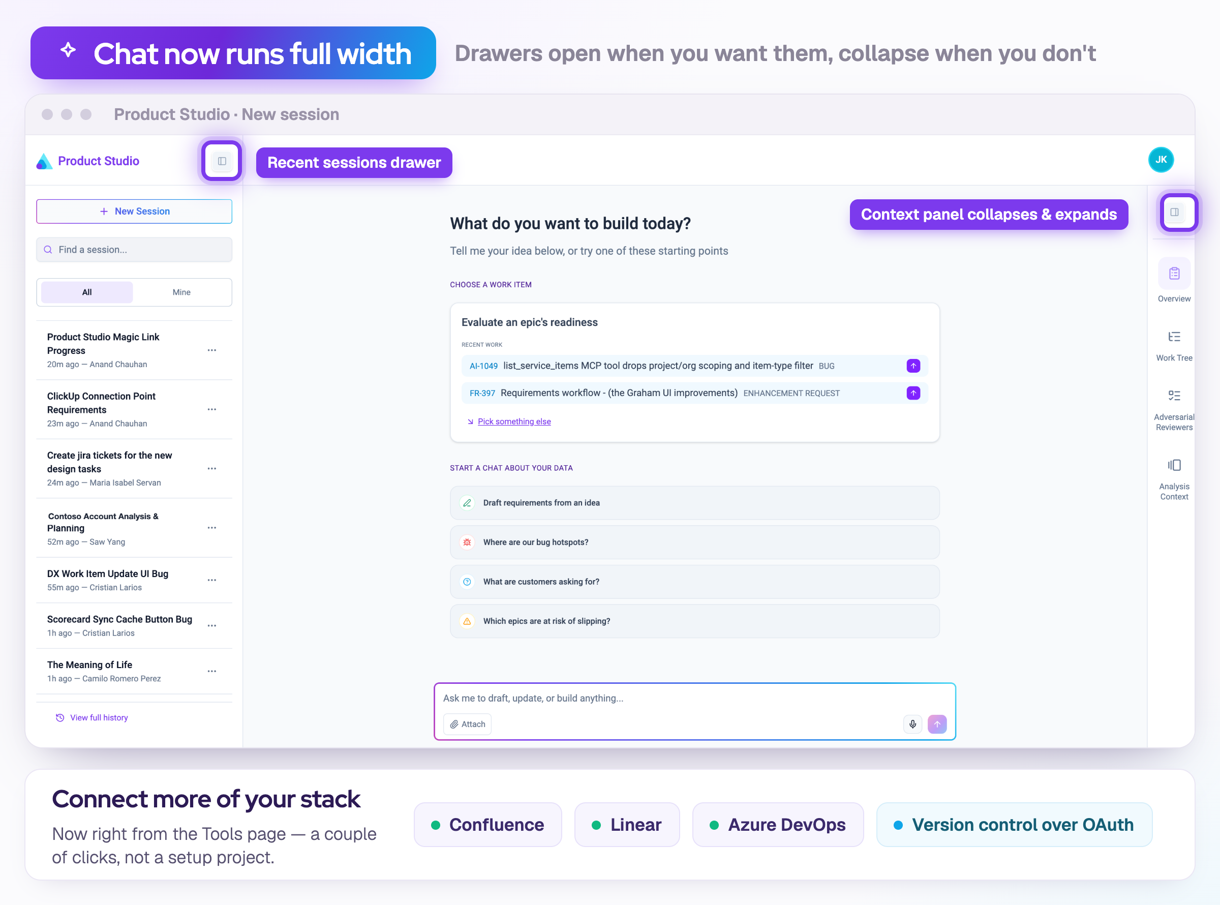 Redesigned Product Studio session running full width, with the recent sessions drawer on the left, a collapsible context panel on the right, and Confluence, Linear, Azure DevOps and OAuth version control shown as new connections.