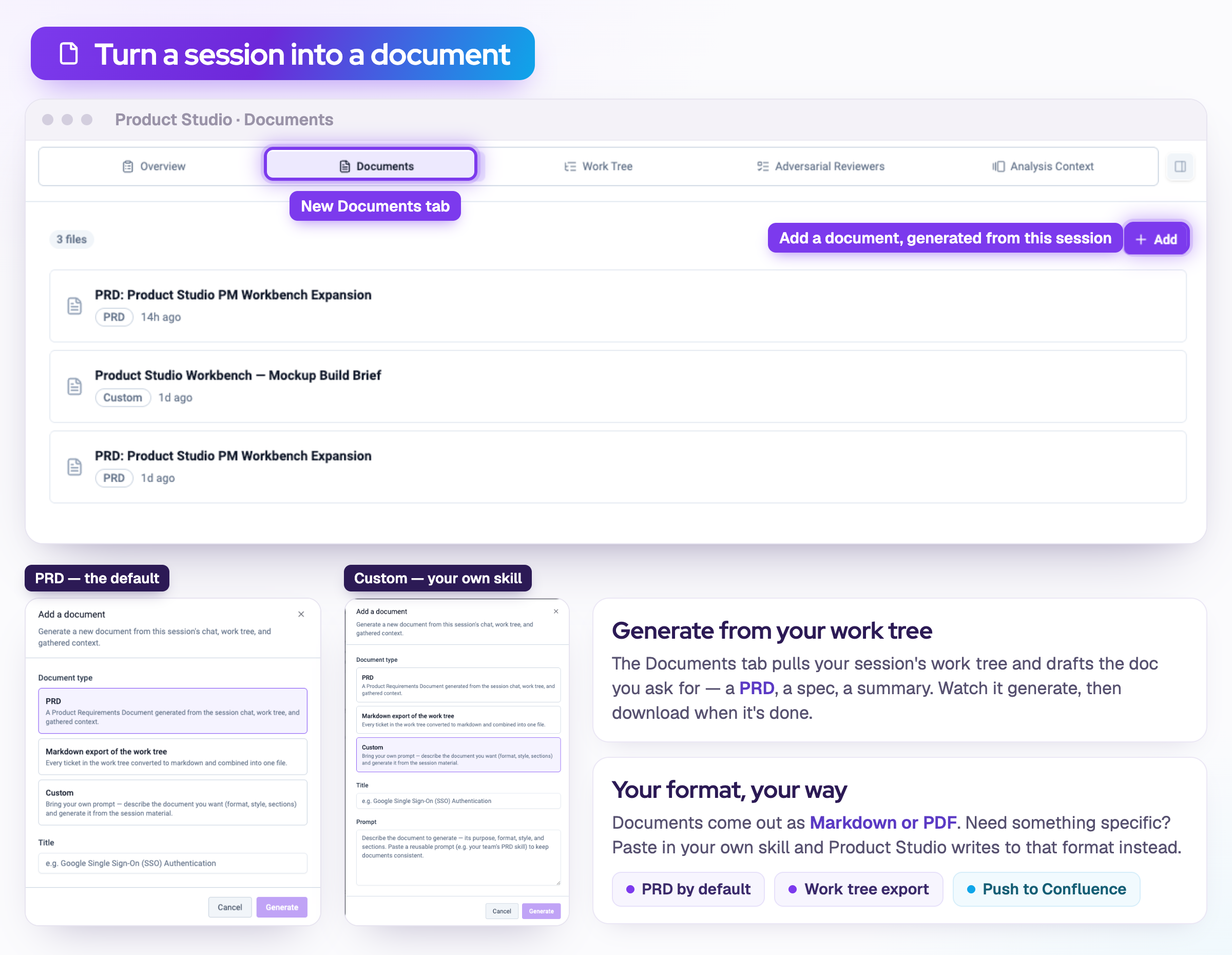 The new Product Studio Documents tab listing three generated files, with the Add a document dialog offering PRD, Markdown work tree export and Custom document types.