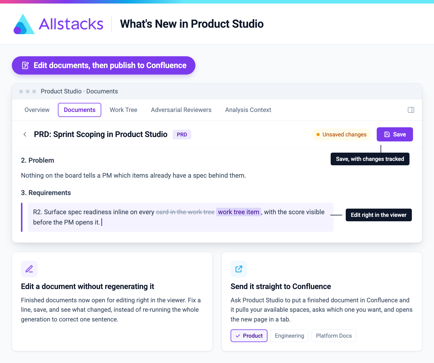 Product Studio Documents tab with a PRD open for inline editing, tracked changes highlighted and a Save button, alongside cards for editing a document without regenerating it and sending it straight to Confluence.