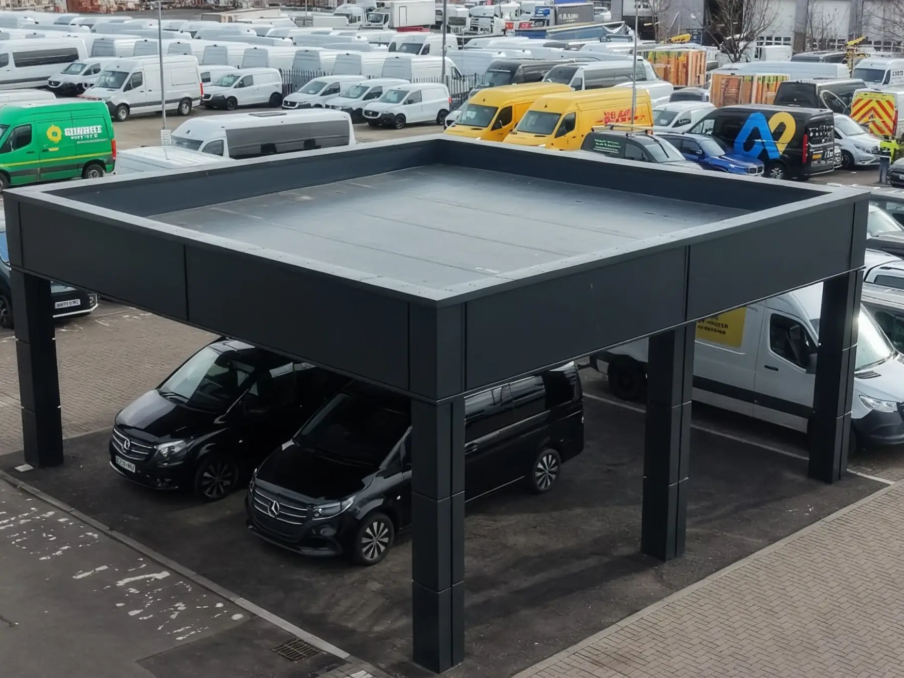 Flat membrane roof and dark grey cladding panels on a car park canopy at a site in Broxburn, with vans behind