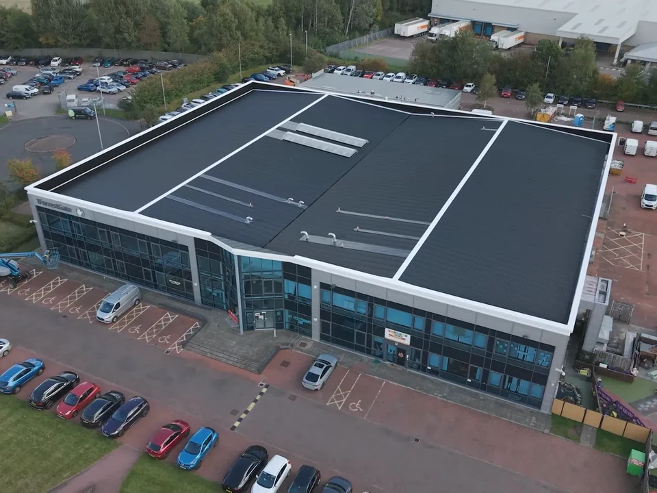 Aerial view of the finished metal roof at the DFYNE project in Glasgow.