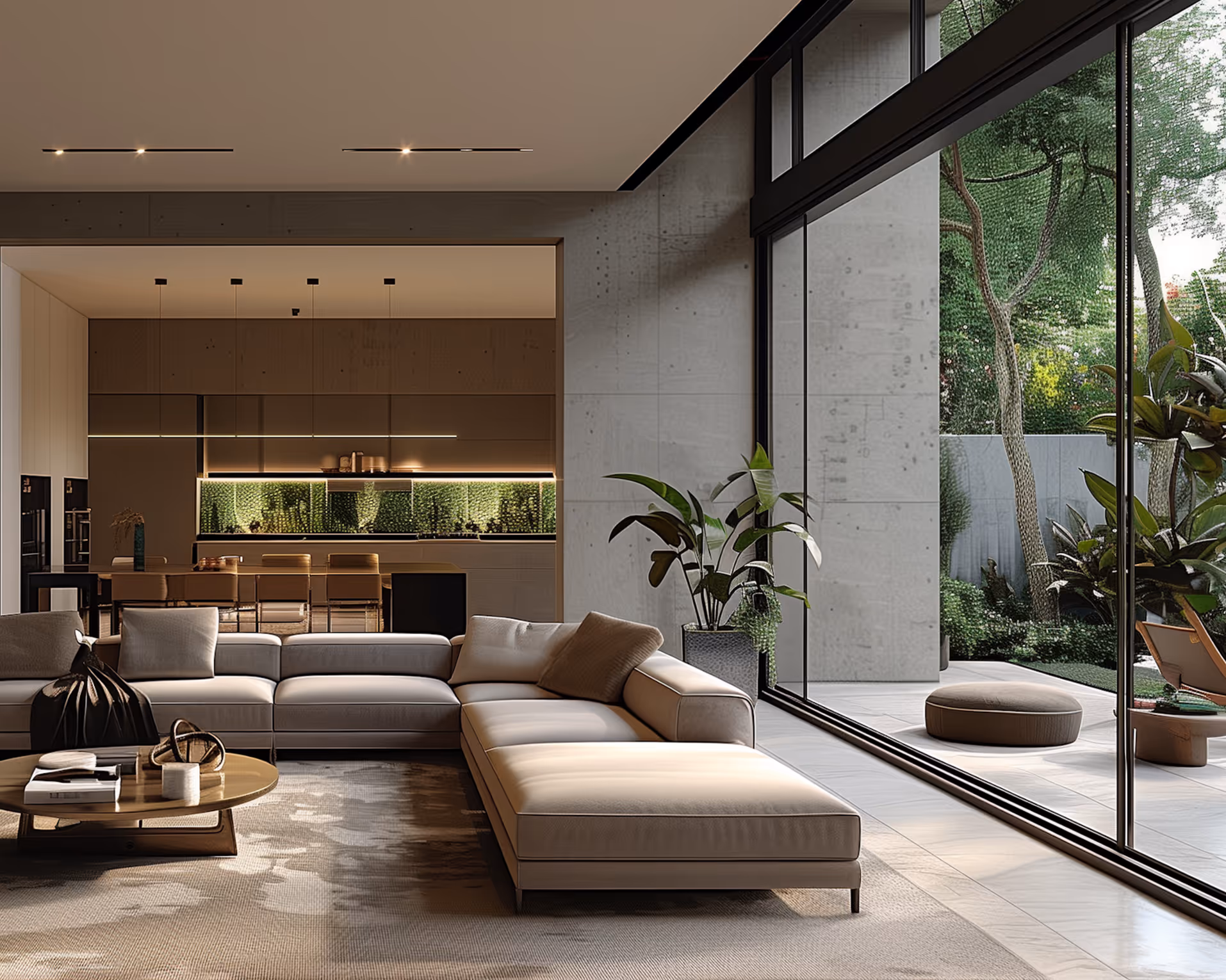Modern living room with beige sectional sofa, round coffee table, large windows overlooking a green garden, and a kitchen with illuminated backsplash in the background.