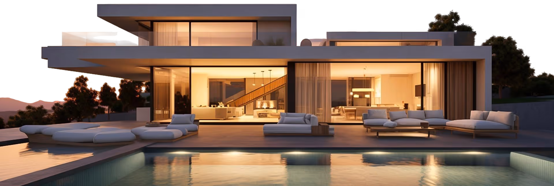 Modern two-story house with large glass windows, outdoor lounge seating, and an illuminated swimming pool at dusk.