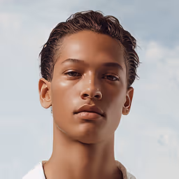 Close-up portrait of a young person with short curly hair against a cloudy sky background.