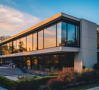 Modern two-story building with large glass windows reflecting sunset and surrounded by landscaped bushes.