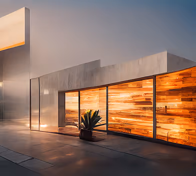 Modern building with large glass windows showcasing warmly lit wooden interior panels during dusk.