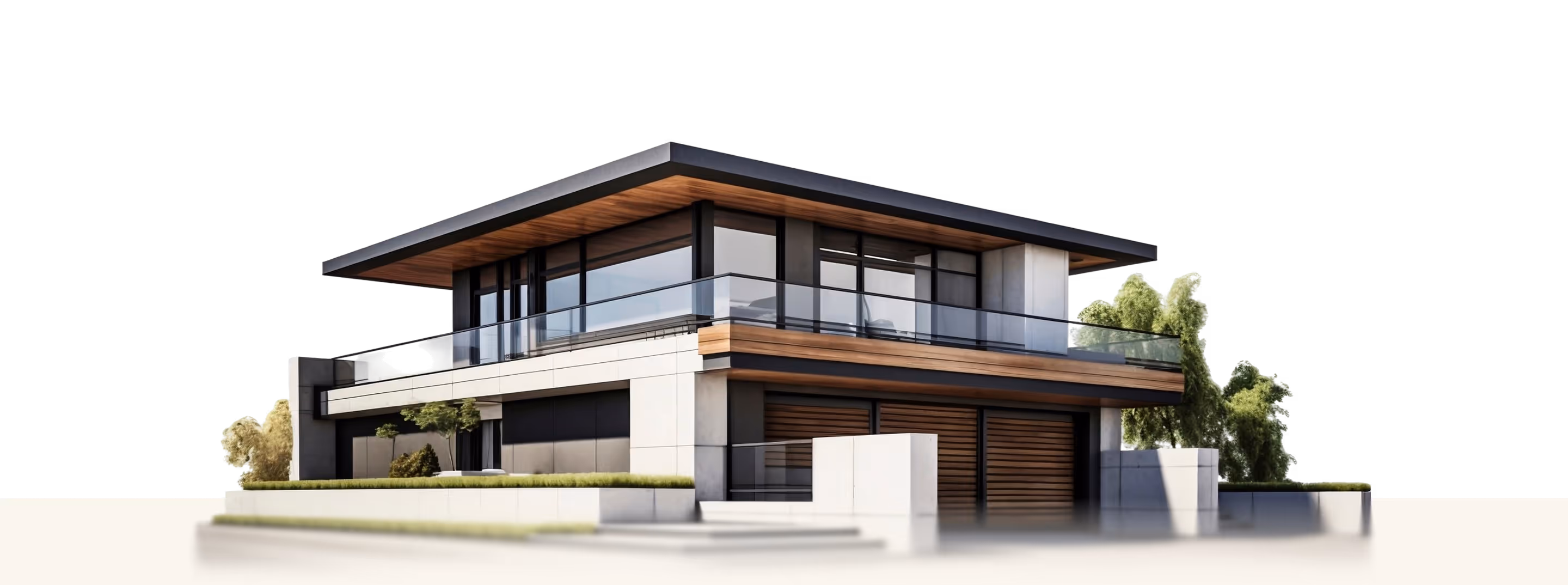 Modern two-story house with large windows, glass balcony, wooden accents, and surrounding greenery.