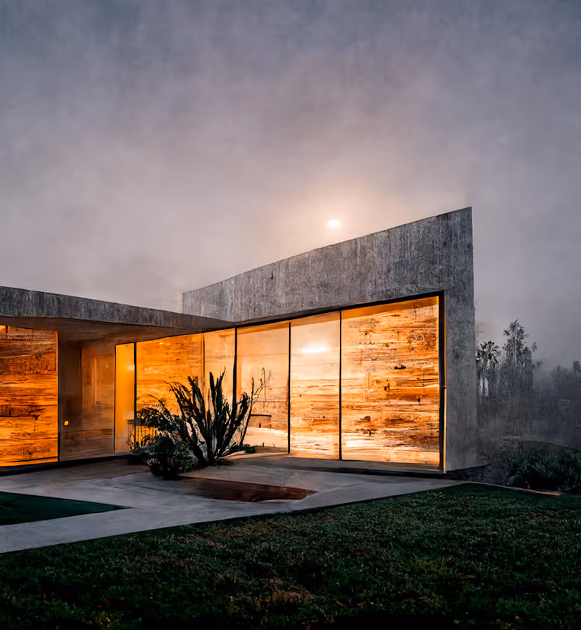 Modern concrete house with large illuminated wooden and glass walls at dusk with outdoor greenery.