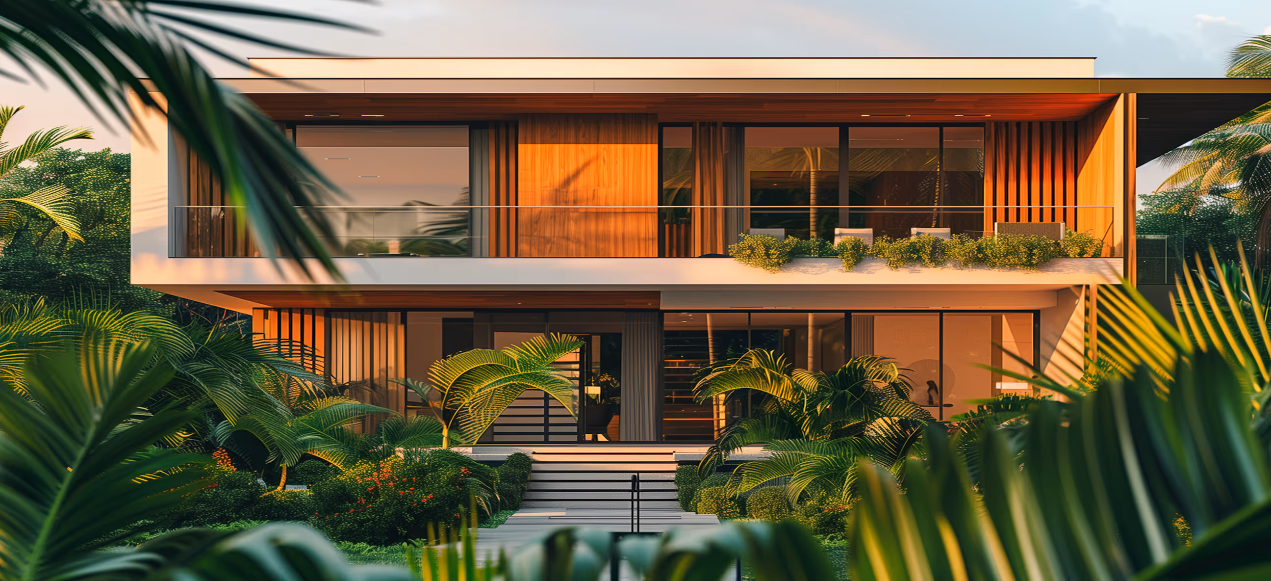 Modern two-story house with large glass windows, wooden accents, and lush green tropical landscaping.