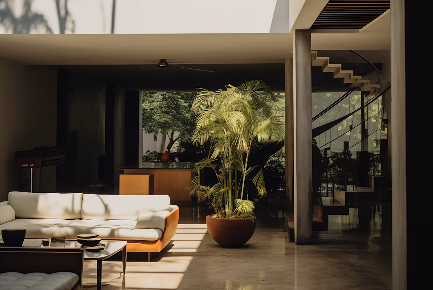 Modern living room with white sofa, potted palm plant, glass coffee table, and staircase in the background.