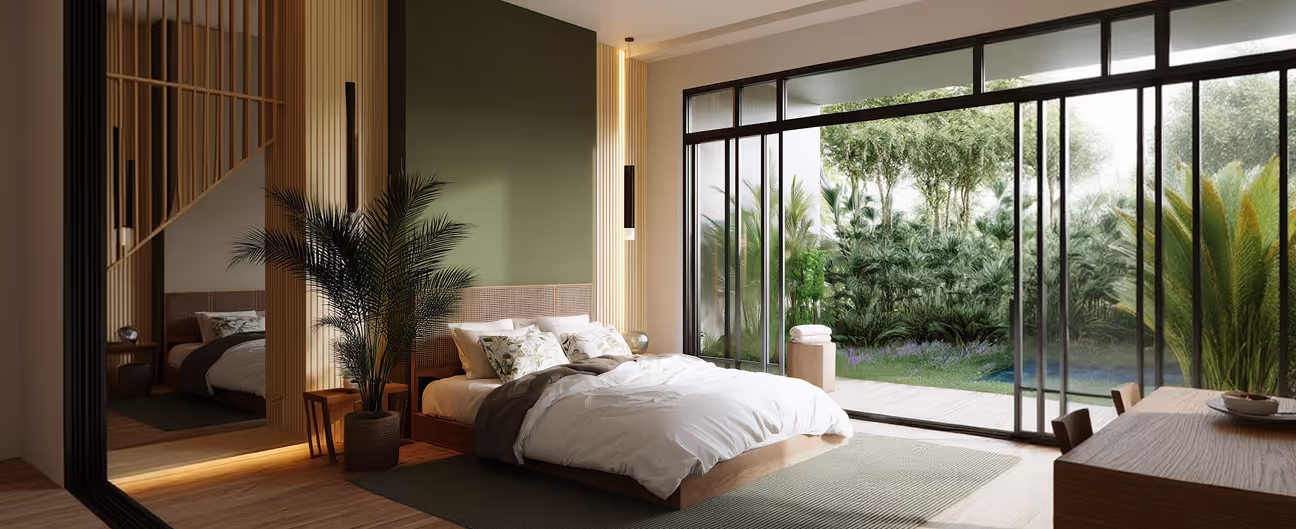 Modern bedroom with a wooden bed, white bedding, potted plants, and floor-to-ceiling glass doors opening to a lush green garden.