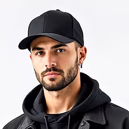 Bearded man wearing a black cap, black hoodie, and black leather jacket against a white background.