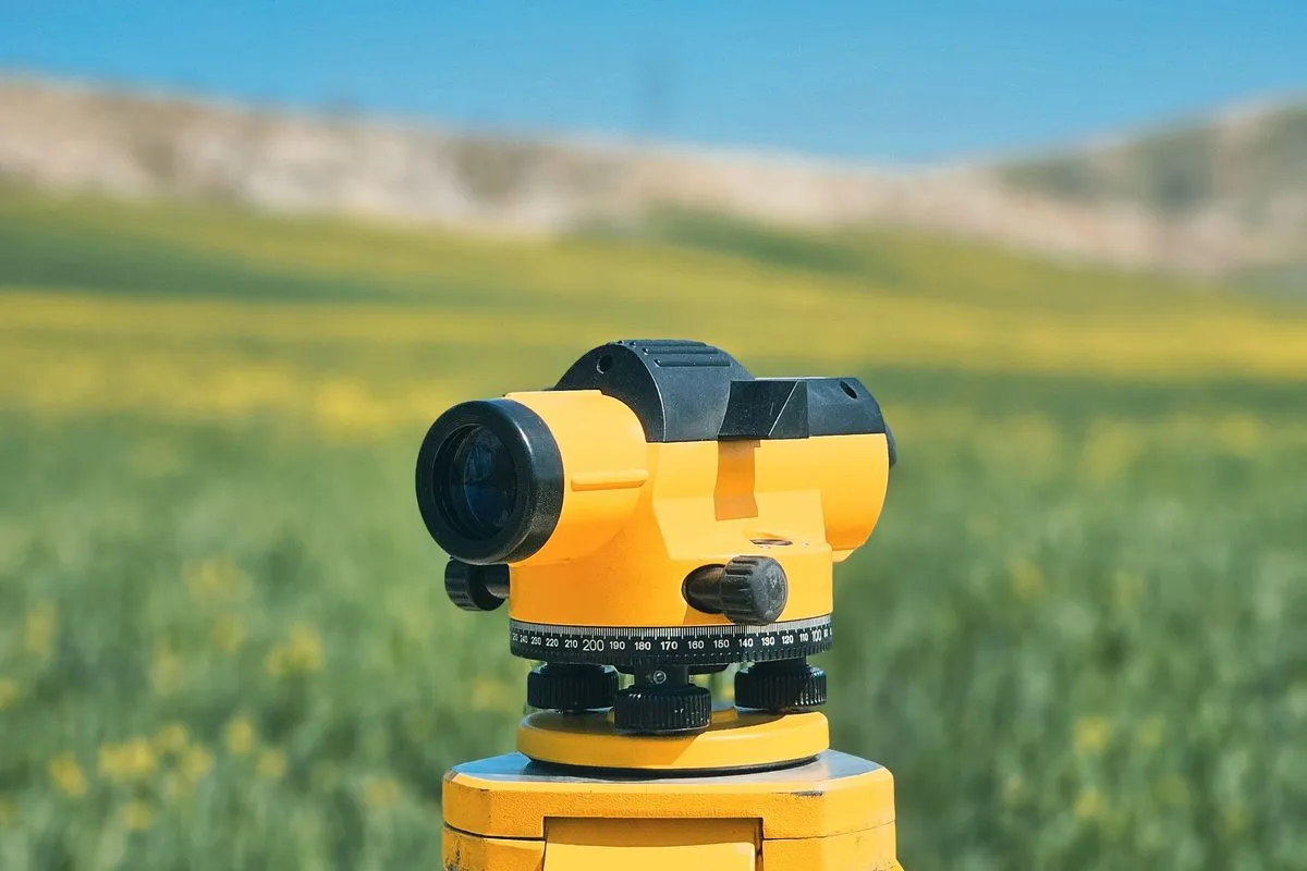 Geodetski instrument na tronošcu pri merenju parcele