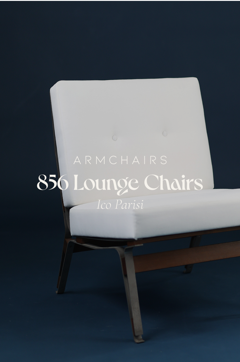 Model 856 lounge chair by Ico Parisi - full front view with white upholstery on a blue background