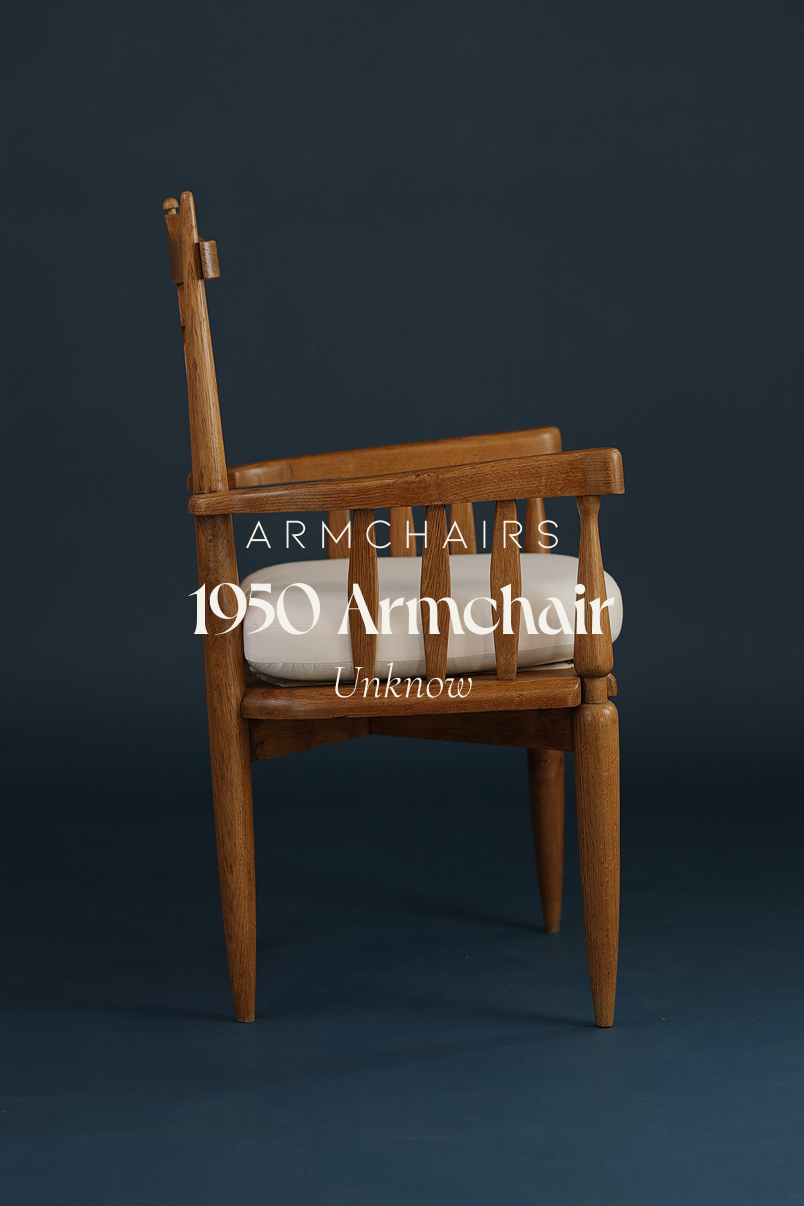 Unknown 1950s wooden armchair - three-quarter front view with striped upholstery on a dark blue background