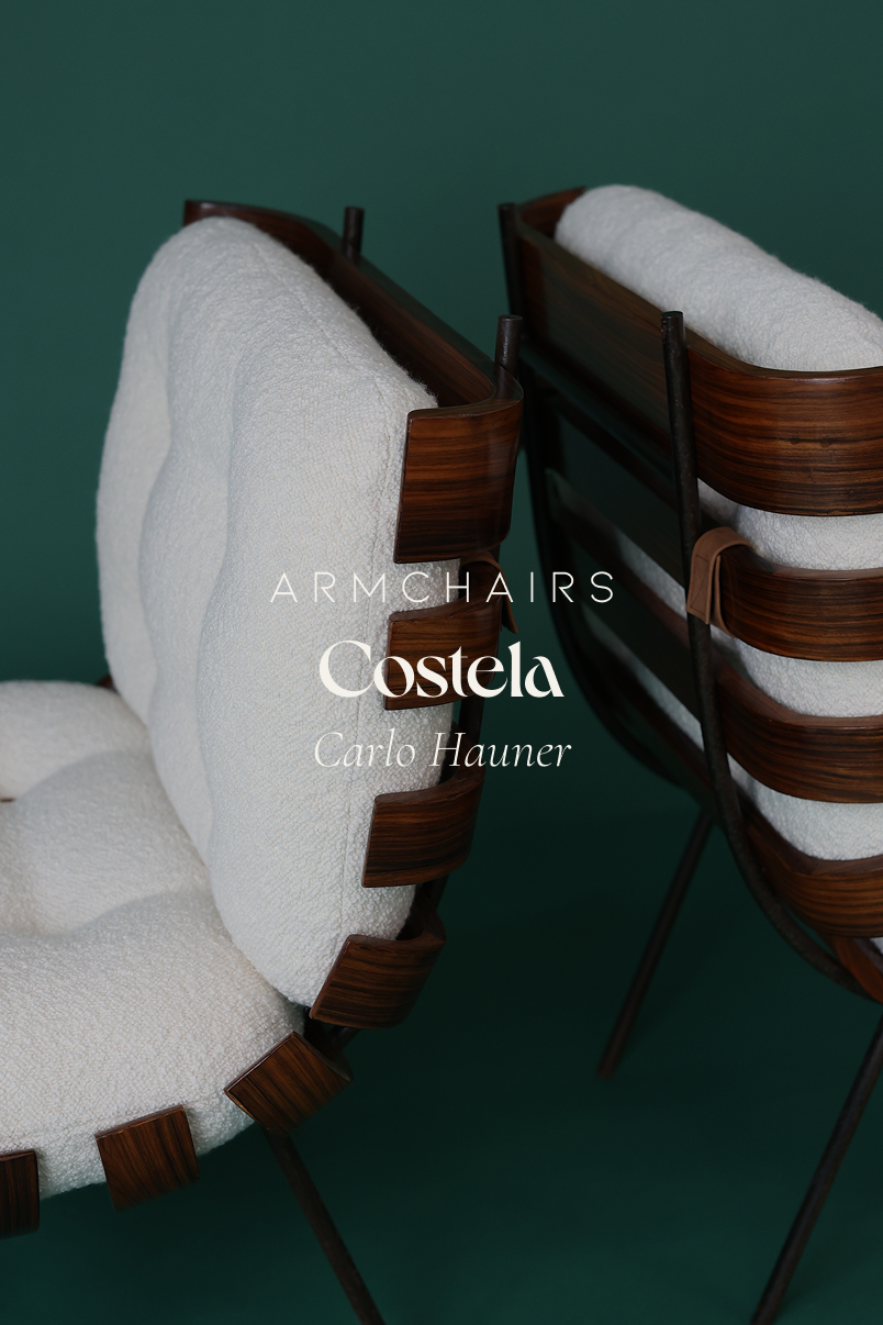 Costela armchair by Martin Eisler and Carlo Hauner - full front view with white tufted cushion and wooden slat frame on a green background