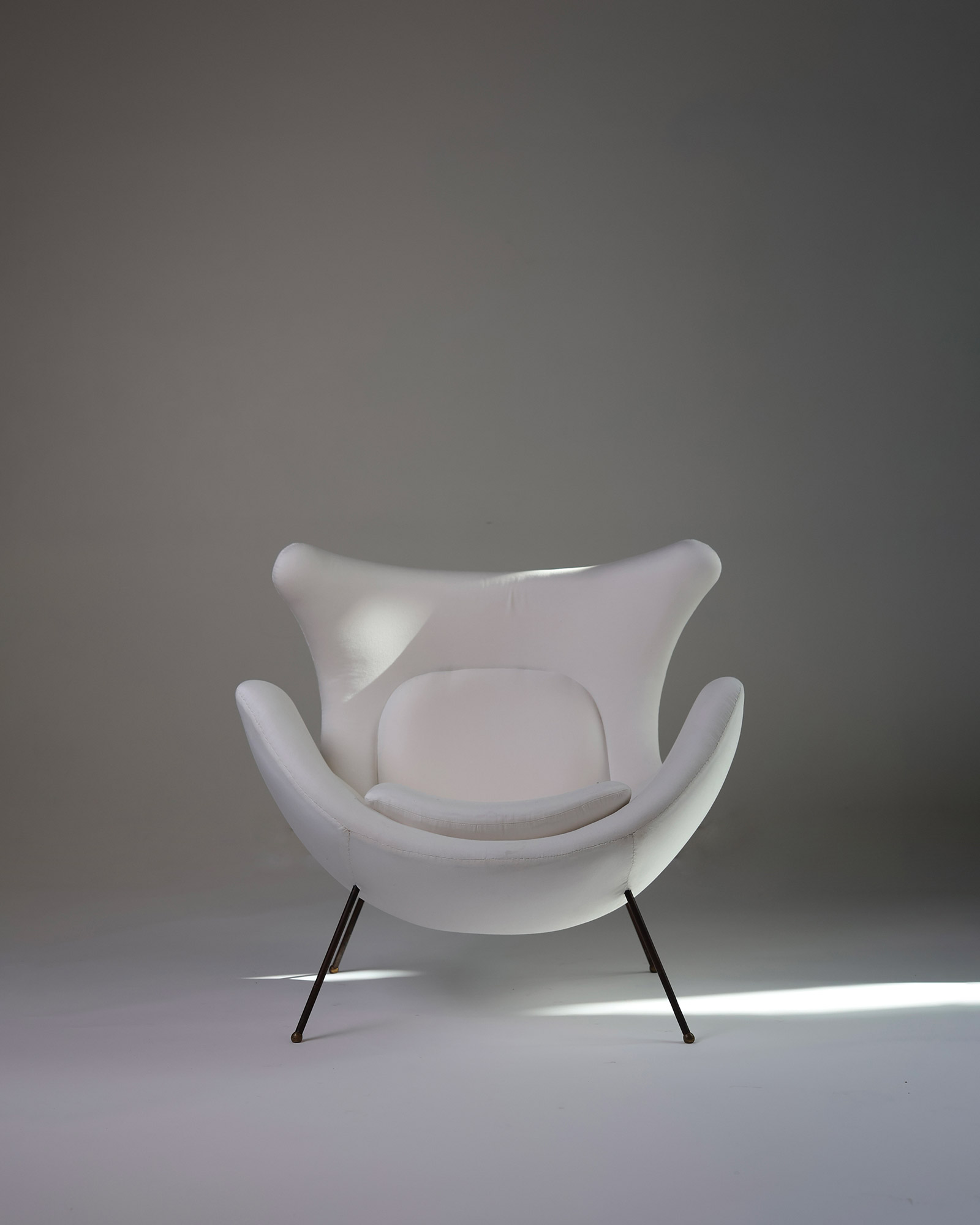 id-century modern armchair by Martin Eisler and Carlo Hauner - full front view showing its white upholstered round shell design