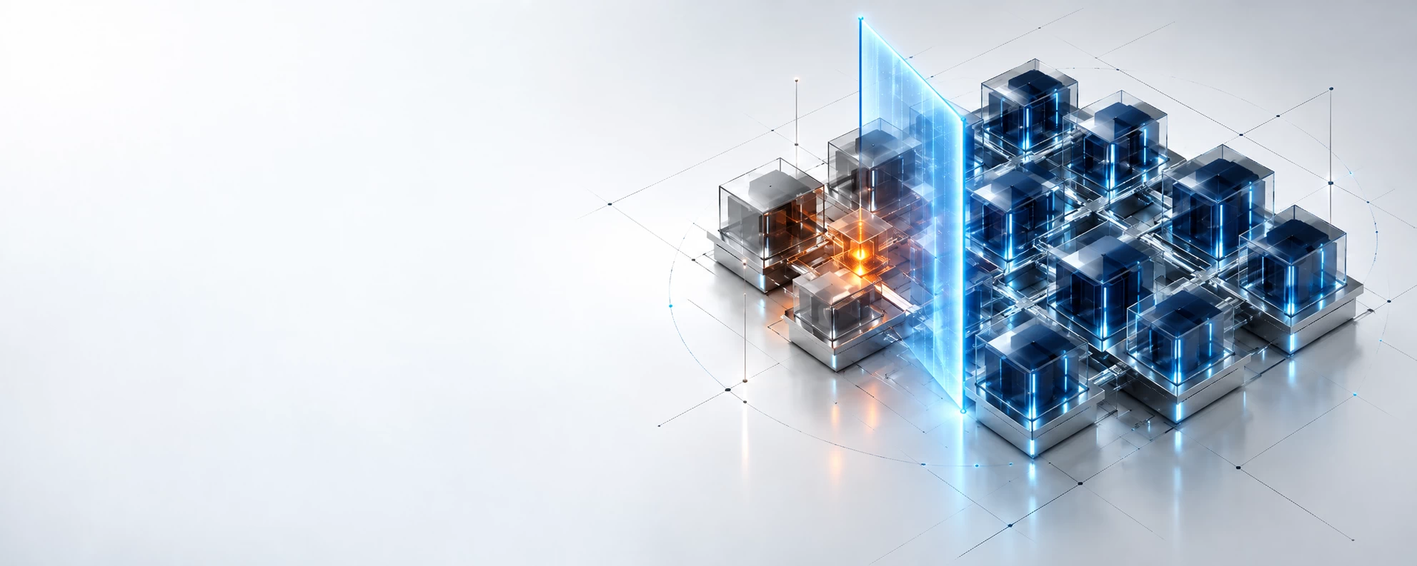 Homepage Detect, Contain, Stabilise when prevention fails is represented by a high-end, premium 3D architectural render set against a clean, expansive white canvas with smooth, ultra-light slate gray gradients. On the right side of the frame, a sophisticated isometric matrix represents a corporate enterprise network, constructed from interlocking layers of polished silver steel and clear, transparent sapphire glass cubes. Slicing vertically through the center of the matrix is a razor-sharp, glowing ice-blue neon boundary wall or vector plane. To the left of this barrier, a single node glows with a tiny, controlled amber pulse (the active post-entry threat), completely isolated. To the right of the ice-blue plane, the entire rest of the pristine infrastructure grid remains perfectly calm, dark navy, and untouched. The atmosphere is completely stable, executive, and controlled, featuring faint, elegant architectural alignment lines and timing markers. The left half of the frame features smooth, empty white negative space optimized for executive header text overlay.