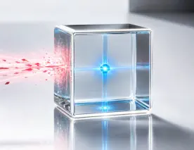 Control Under Pressure represented by a solid, flawless glass cube prism sitting on a reflective white surface. Inside the core of the cube, a bright, stable blue laser core is perfectly preserved. A chaotic, fragmented stream of red light hit the outer wall of the cube but is instantly flattened and neutralised by a thin, glowing silver perimeter layer.