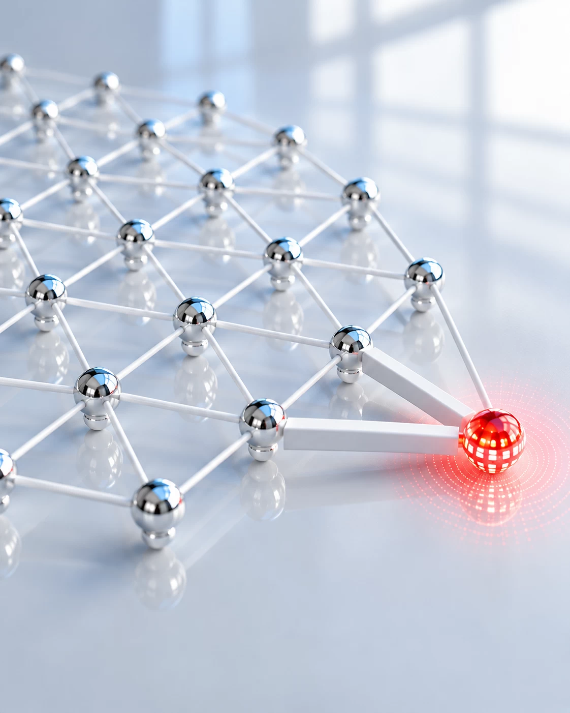 A red compromised node is isolated from a silver network lattice by thick white connection rods.