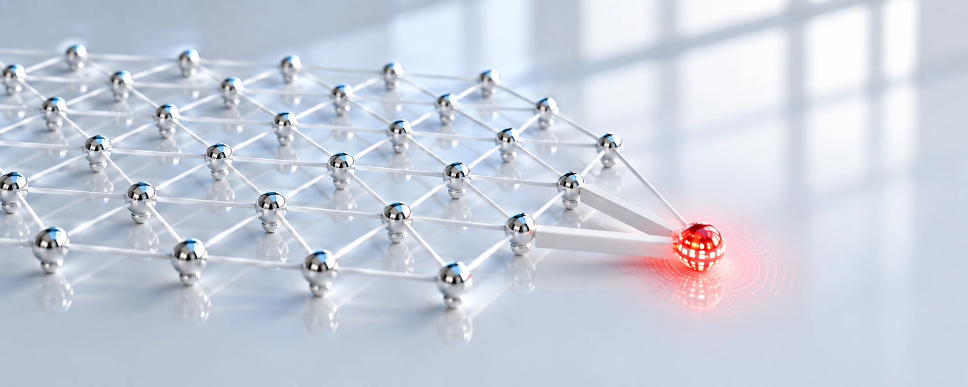 A red compromised node is isolated from a silver network lattice by thick white connection rods.