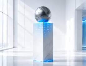 Card: When ransomware becomes a standing operational pressure represented by pristine white marble architectural monolith standing vertically on a polished light gray floor. Resting perfectly balanced on top of the monolith is a heavy, dark silver metallic geometric sphere. Where the two objects meet, a sharp, glowing cyan light grid radiates outward across the marble, mapping the structural load.