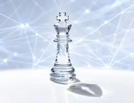 The containment layer that keeps control under pressure represneted by a crystal chess piece—the King—standing firmly on a clean white surface. The background is softly blurred with bright, intersecting lines of white and light blue laser light, simulating a complex digital network. The piece is perfectly illuminated, casting a sharp, crisp shadow that forms a subtle shield shape