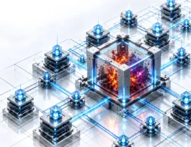 Premium cybersecurity visual of a calm blue network matrix where a titanium containment cube isolates malware activity while surrounding operations remain unaffected.