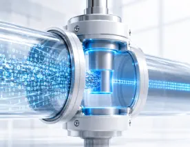 Data Exfiltration & Exposure Control: Exposed data pathways being restricted before stolen information becomes leverage represented by a glass tube, with data streams inside. In the center, a thick, solid cyan-glowing titanium gate or valve has stepped down to partially restrict the flow, organising the particles into a perfectly straight, calm, and metered line as they exit