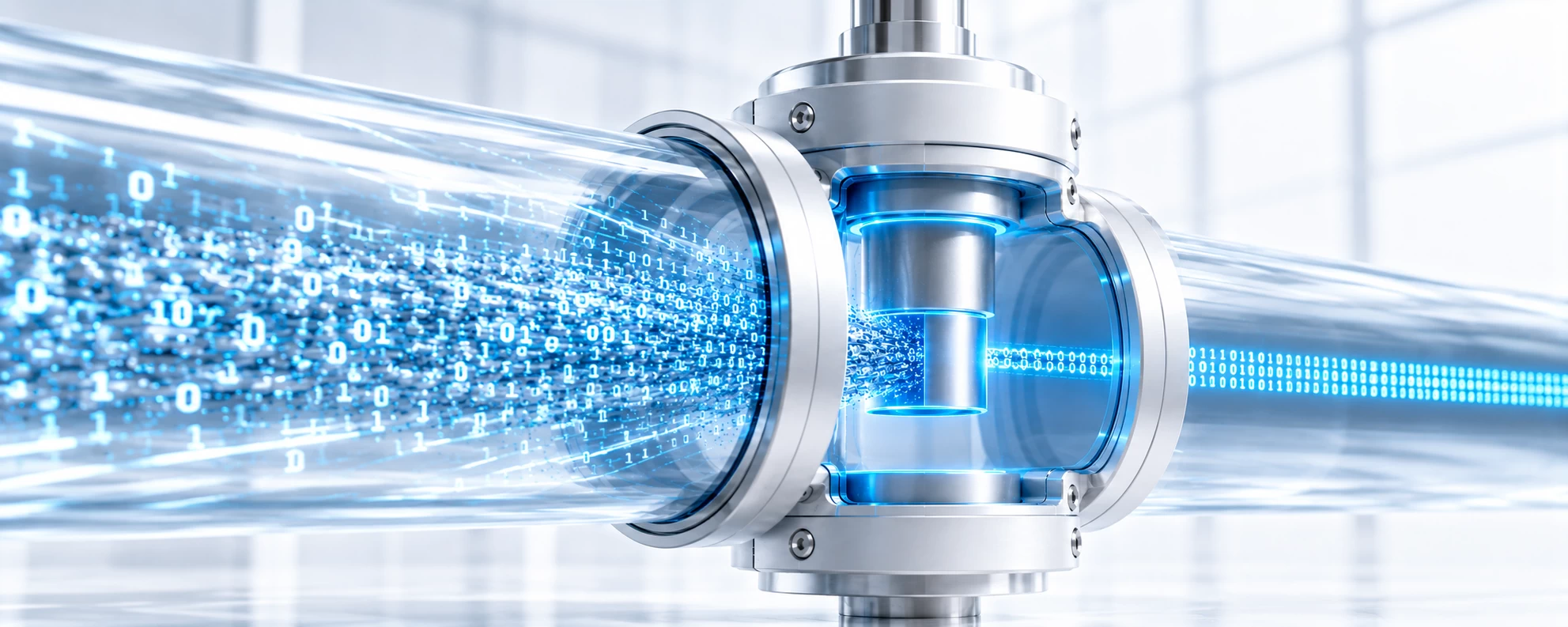 Close-up conceptual visual of a frosted-glass data conduit where a cyan-glowing titanium gate stops a high-pressure data stream, representing data exfiltration and exposure control.
