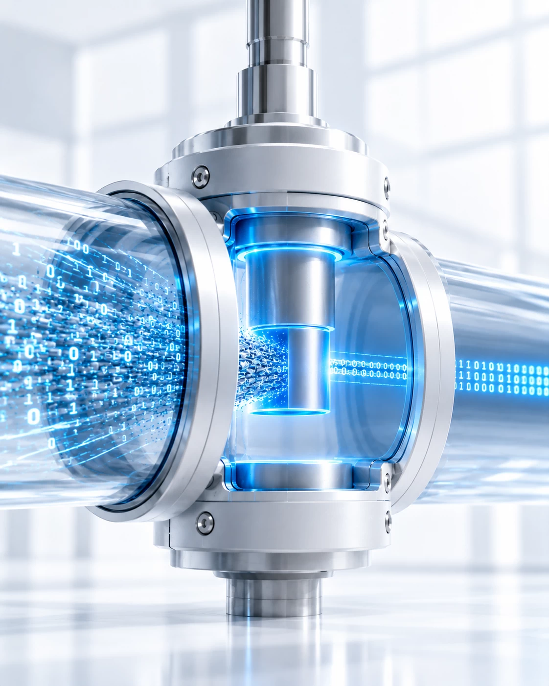 Close-up conceptual visual of a frosted-glass data conduit where a cyan-glowing titanium gate stops a high-pressure data stream, representing data exfiltration and exposure control.