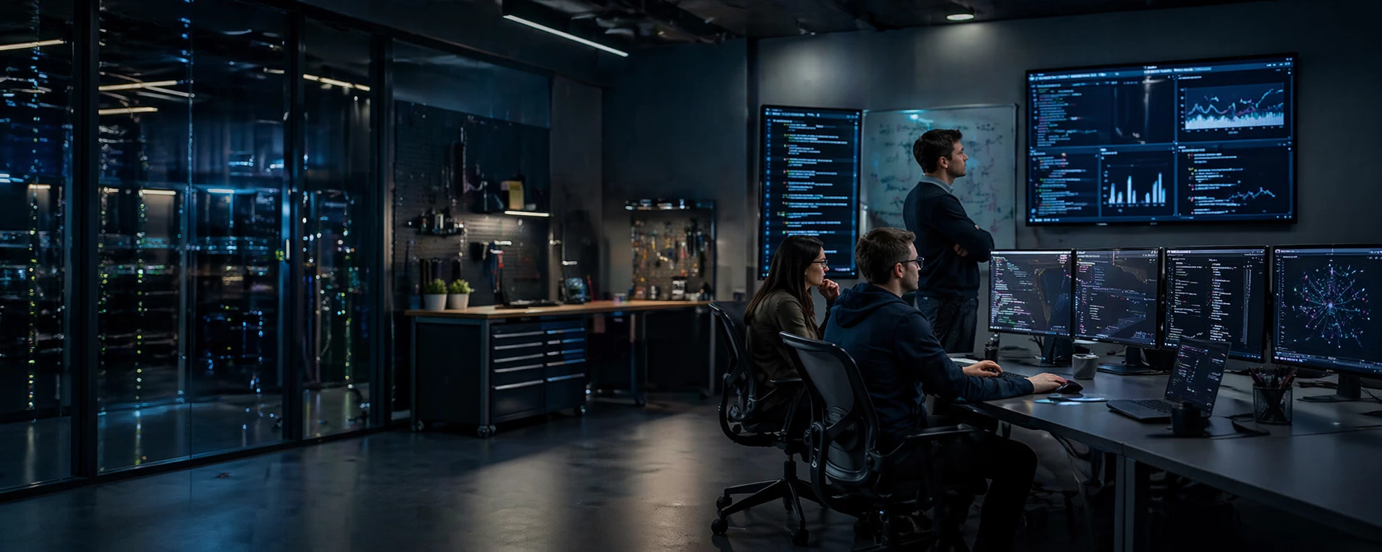 Resilience assessment information represented by a team of three cybersecurity specialists—two men and a woman—gathered closely around a computer workstation in a dimly lit, dark-toned control room at night. They are wearing casual business attire and spectacles, looking intently at a monitor displaying code and active data logs with serious, highly focused expressions as one team member points directly at the screen
