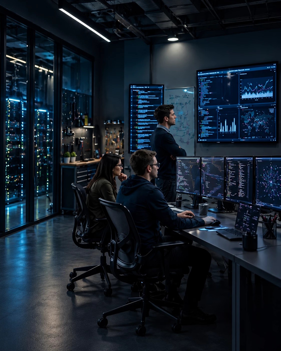 Resilience assessment information represented by a team of three cybersecurity specialists—two men and a woman—gathered closely around a computer workstation in a dimly lit, dark-toned control room at night. They are wearing casual business attire and spectacles, looking intently at a monitor displaying code and active data logs with serious, highly focused expressions as one team member points directly at the screen