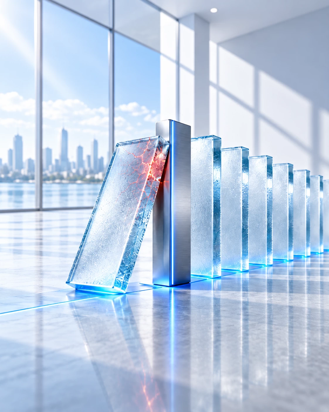 Resilience assessment represented by a domino effect of glass blocks symbolizes the cascading crisis (the chain reaction of an attack).The first glass block falls over and shows cracks and red stress lines (the initial contamination/data breach). But instead of the whole line collapsing, there stands that unshakable one, brushed metal barrier with the light blue neon line.This one absorbs the blow, absorbs pressure and maintains control, so that all underlying glass blocks (the rest of the critical infrastructure and business operations) remain perfectly intact and unaffected