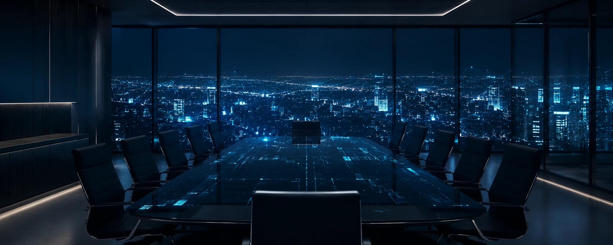 About S10 represented by a cinematographic shot from inside a hypermodern, glass boardroom or command center at a great height, looking out over an abstract, illuminated skyline of a digital metropolis in the evening. Inside, the interior is dark and minimalist: a sleek,empty conference table made of dark glass in which the data lines of the outside world subtly reflect. The atmosphere is serene and intellectual. It exudes the presence of strategic thinking.